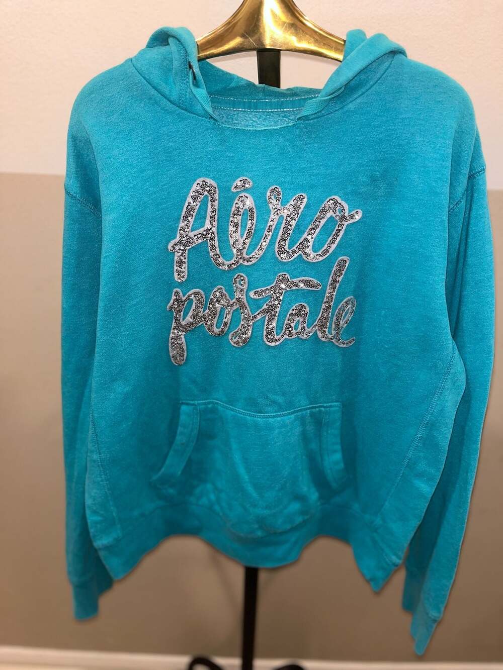 Aeropostale Teal Sequin Logo Hoodie Size Large